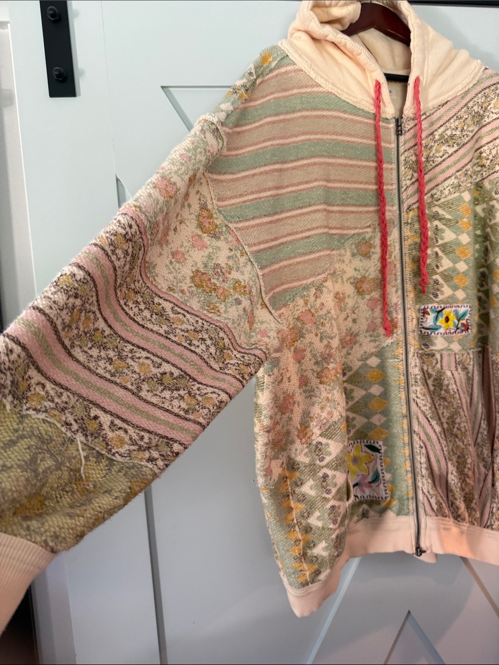 Free People Patchwork Zip-Up Hoodie in Pastel Multi with Coral Drawstrings - Picture 5 of 9